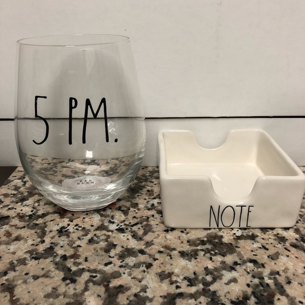 Rae Dunn: 5 PM wine glass & Note holder